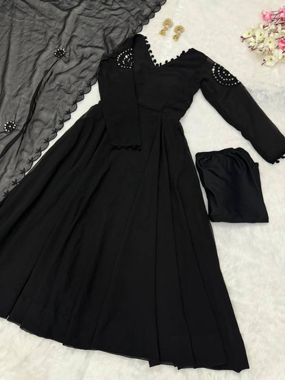 RangBhoomi Black Georgette Anarkali Set with Mirror Embroidery — Eid Special