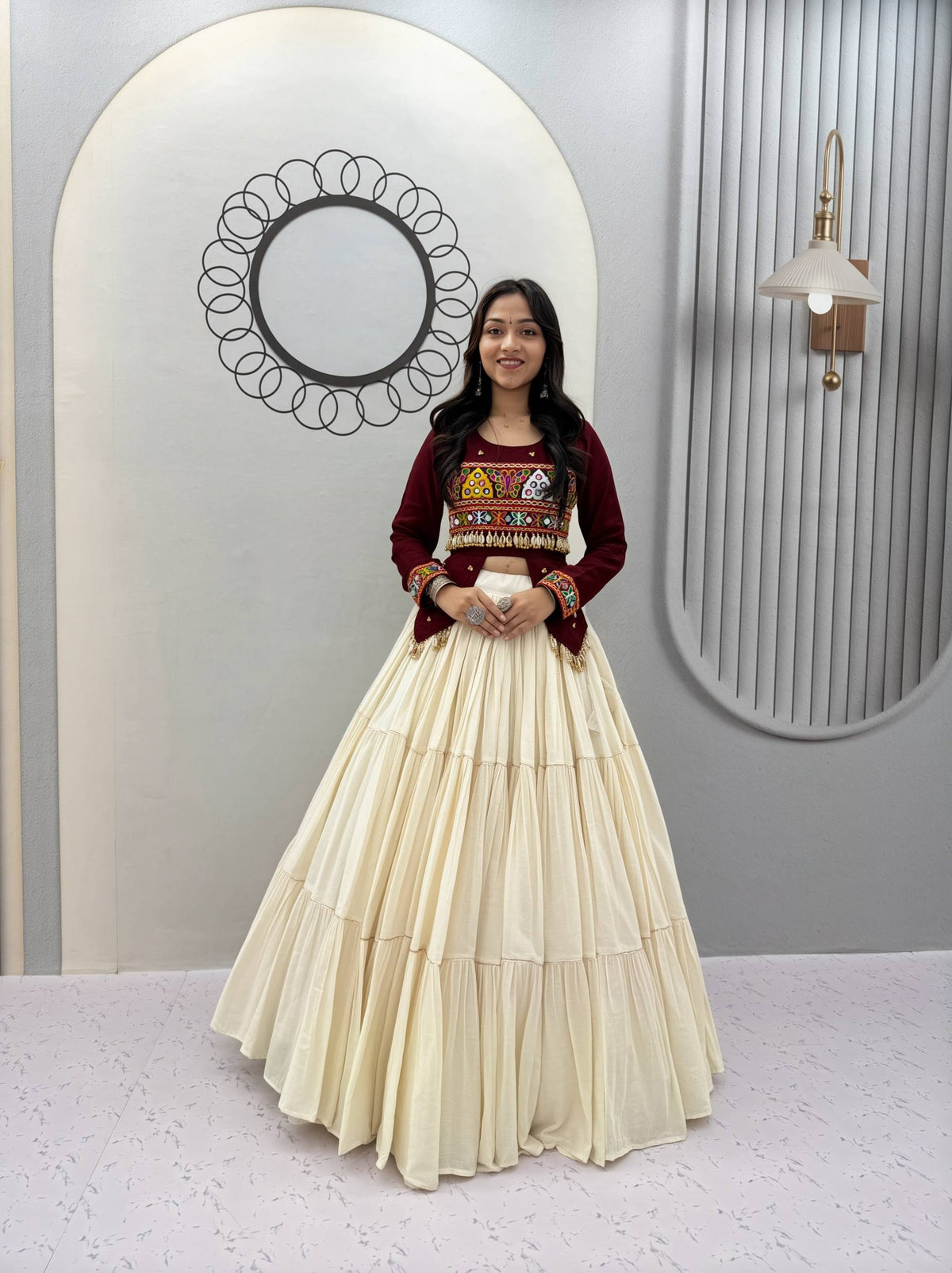 RangBhoomi Navratri Hand-Work 9m Flair Lehenga Choli - Pure Cotton Top & Kora Cotton Skirt