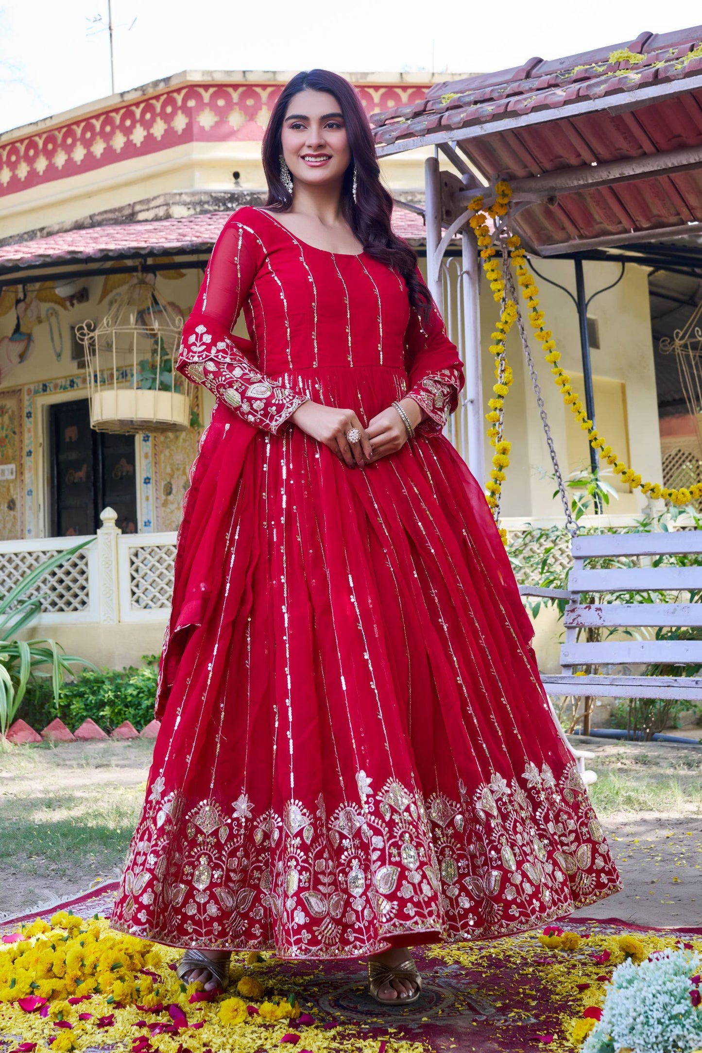 RangBhoomi New Festival Collection Long Gown with Dupatta – Elegant Fox Georgette Fabric with Heavy Sequence Embroidery