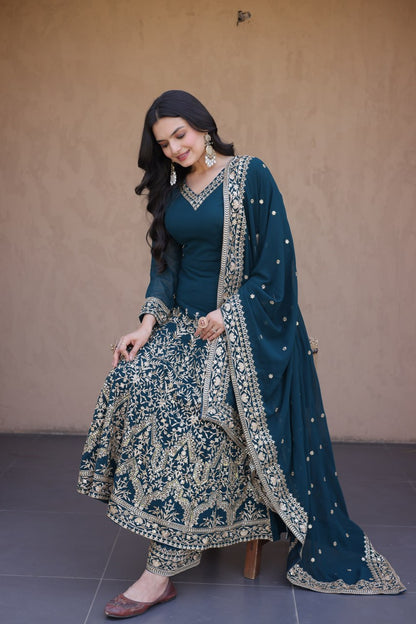 RangBhoomi Premium Readymade Gown with Pant & Dupatta Set - Embroidered Faux Blooming Festive Ensemble