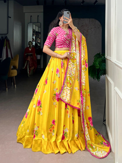 Elegant Floral Georgette Lehenga Set with Handcrafted Blouse and Lace-Trimmed Dupatta
