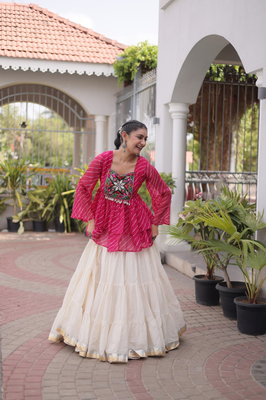 RangBhoomi Navratri Lehenga Choli Set — Kora Cotton Frill with Laheriya Print