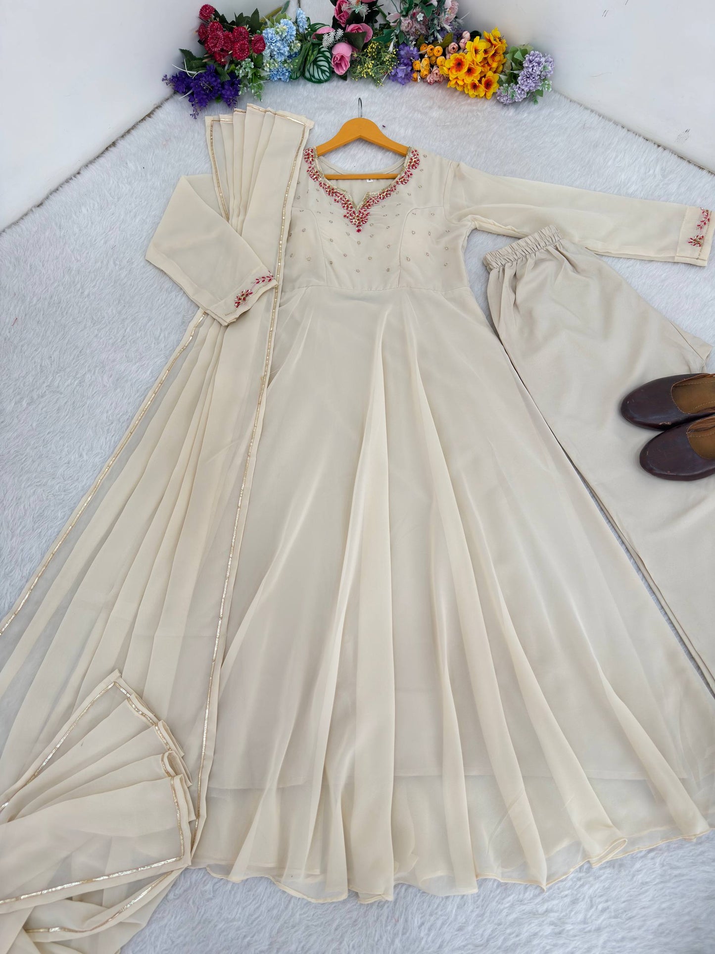 Elegant Fox Georgette Party Wear Gown with Dupatta and Crepe Pants by RangBhoomi