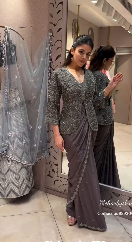 Trending Party Jacket with Saree Featuring Exquisite Embroidery Work