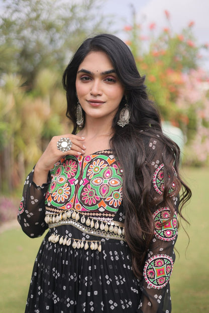 RangBhoomi Bandhani & Kutchi Patchwork Faux Georgette Gown — Full Sleeve, 12m Flair, Cotton Lining