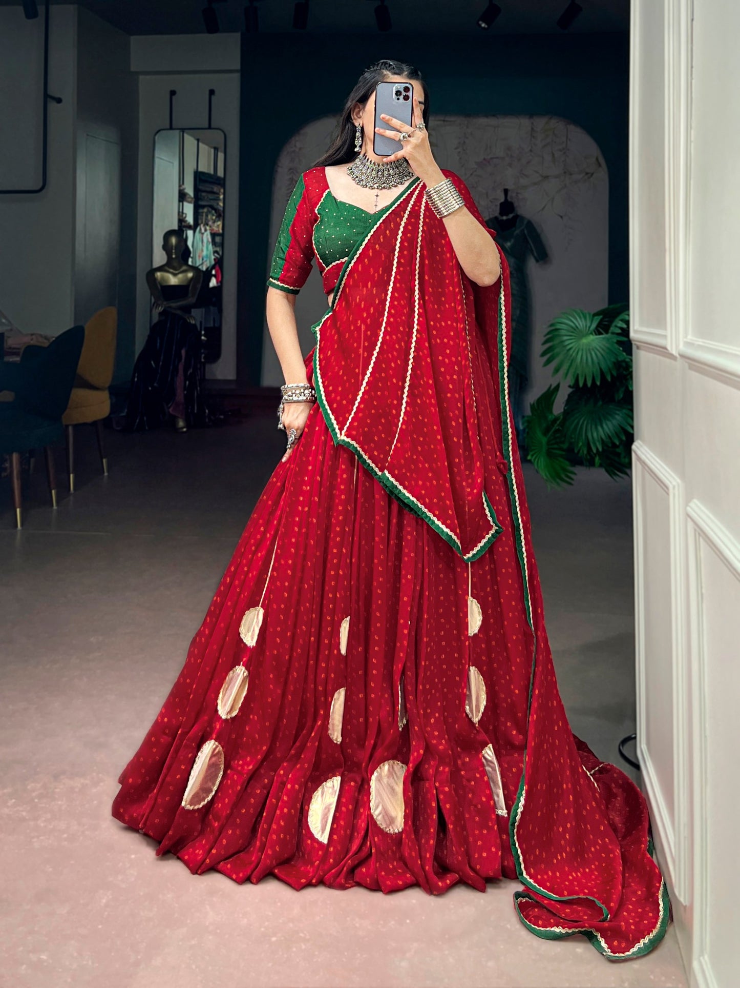 RangBhoomi Red Bandhej Satin Chiffon Lehenga Set — Navratri 2026