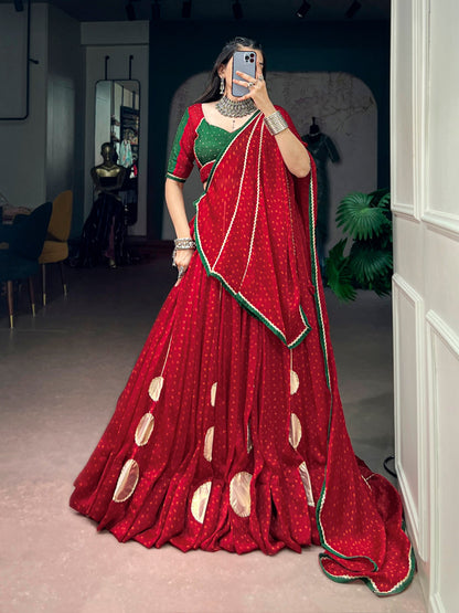RangBhoomi Red Bandhej Satin Chiffon Lehenga Set — Navratri 2026