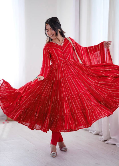RangBhoomi Women’s Ethnic Ruffle Gown with Mirror Work and Matching Dupatta