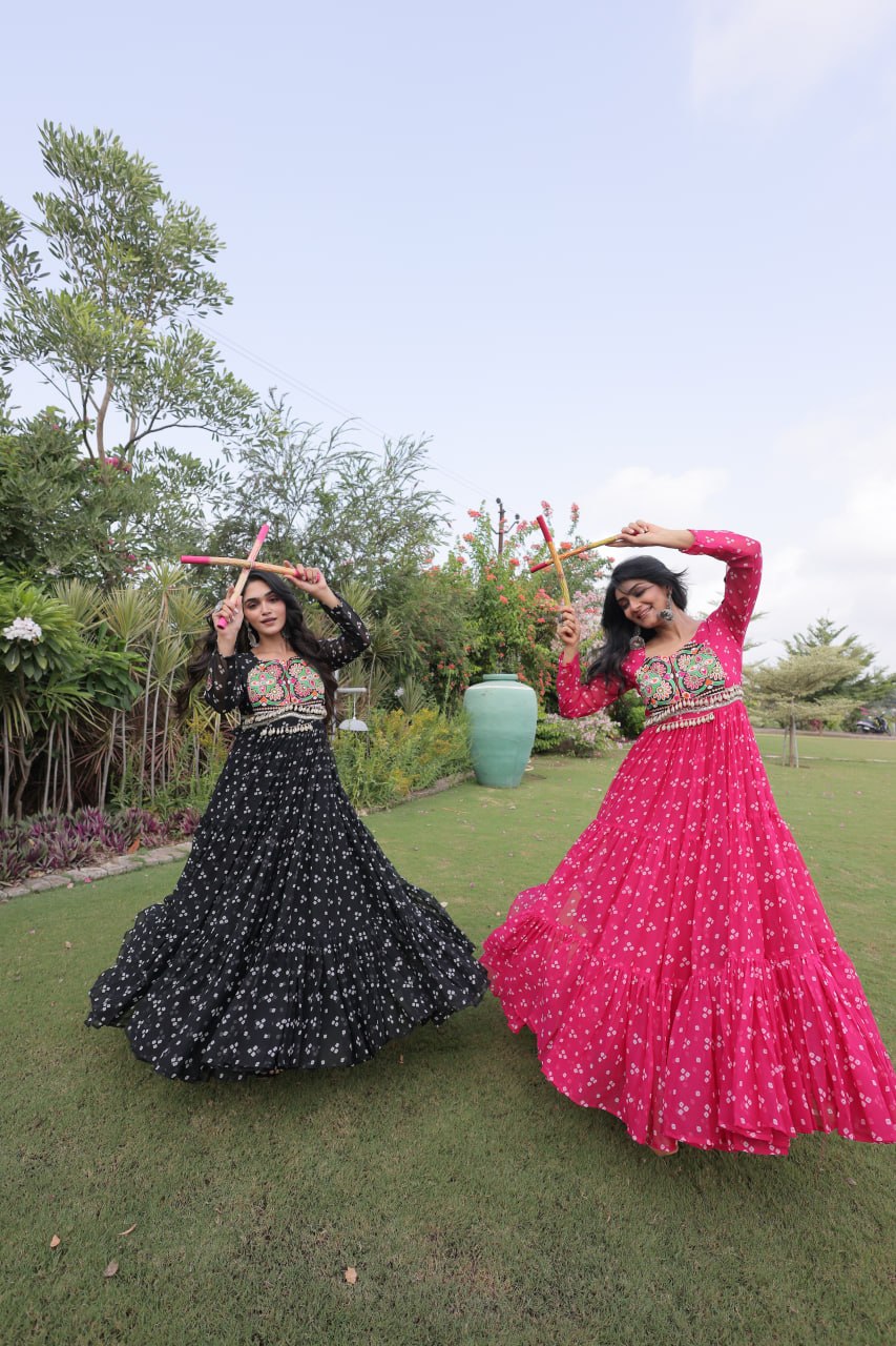 RangBhoomi Bandhani & Kutchi Patchwork Faux Georgette Gown — Full Sleeve, 12m Flair, Cotton Lining