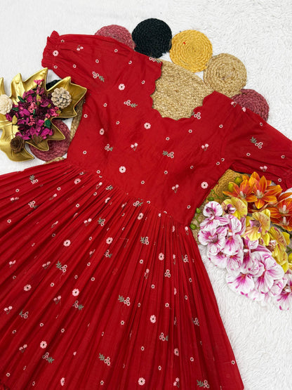 Exclusive Summer Mull Chanderi Gown with Floral Embroidered Thread Work – Elegance and Comfort Perfectly Combined