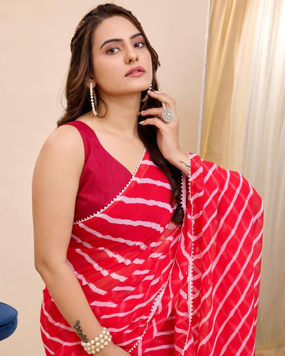 Vibrant red and white leheriya print georgette ready to wear saree.