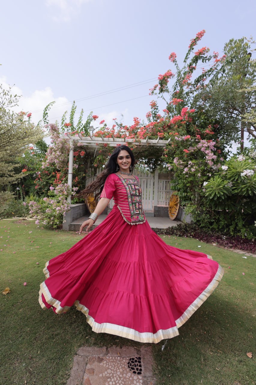 RangBhoomi Navratri 2026 Kora Cotton Full-Stitched Lehenga & Blouse Set — L (40", Adjustable 38–44)