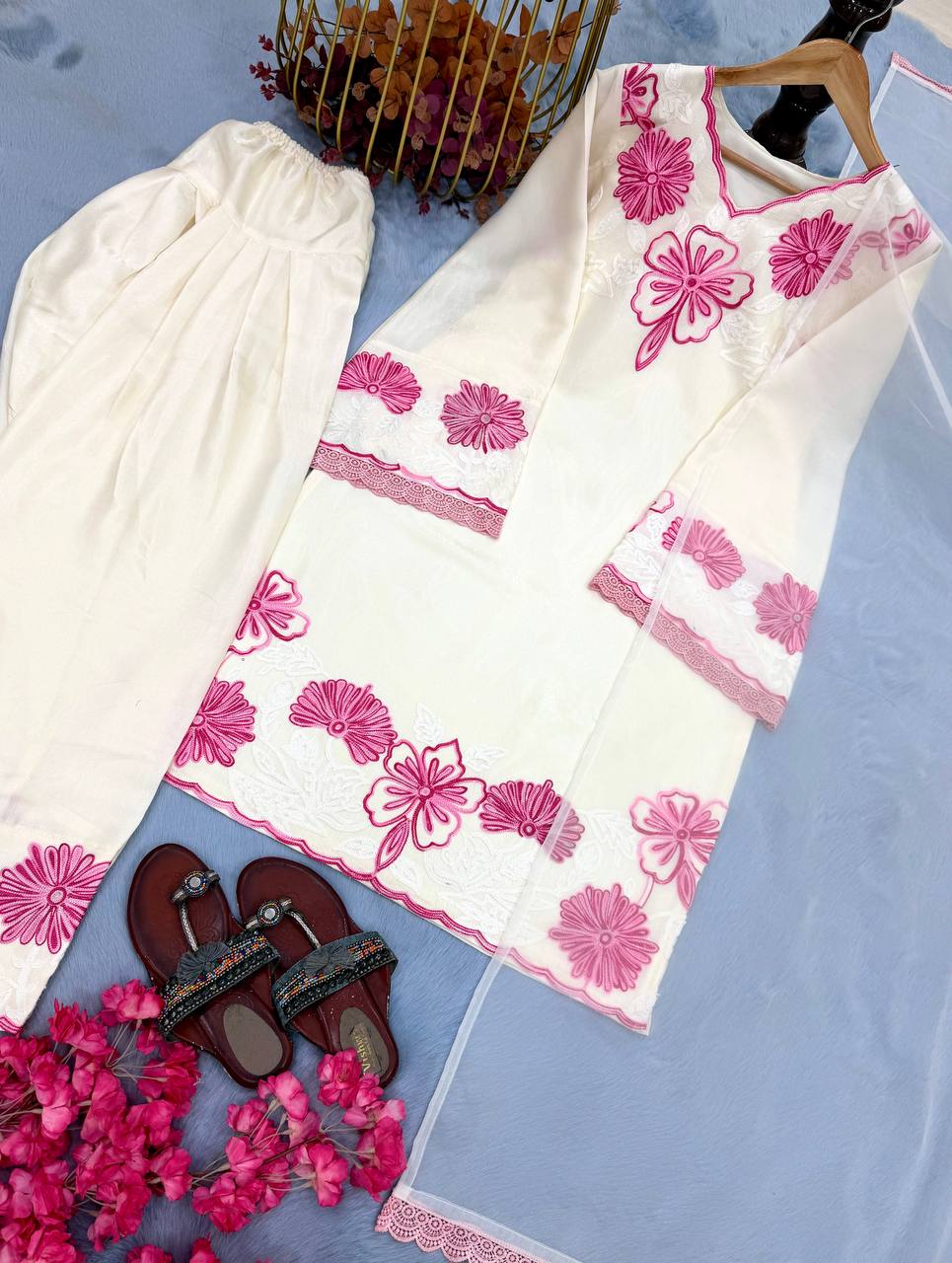 New Designer Party Wear Pure Glass Satin Top & Farshi Palazzo Set with Dupatta