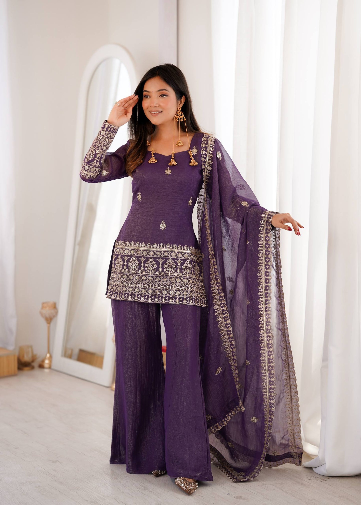 Elegant Ready-to-Wear Crunchy Silk Ensemble with Embroidered Sequences, Jari Detailing, Dupatta, and Bell-Bottom Pants