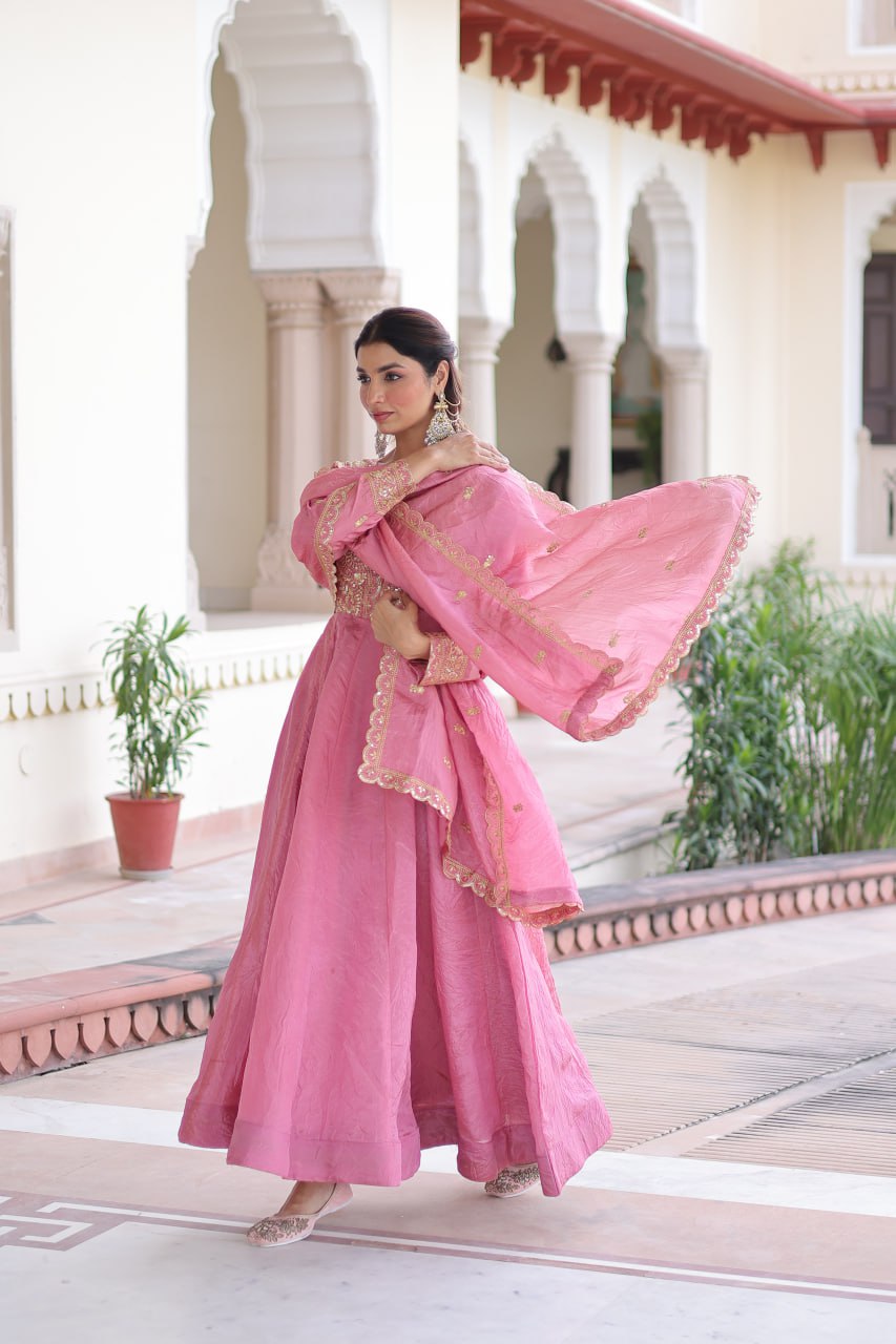 RangBhoomi Premium Ready-Made Gown and Dupatta Set with Elegant Gold Embroidery