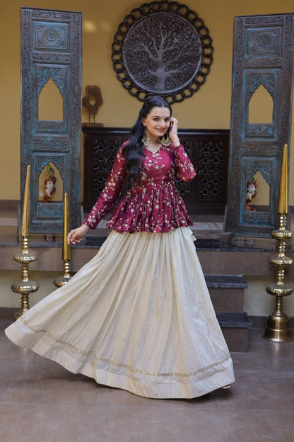 RangBhoomi Elegant Silk Embroidered Crop Top Set with Flared Lehenga and Sequined Detailing
