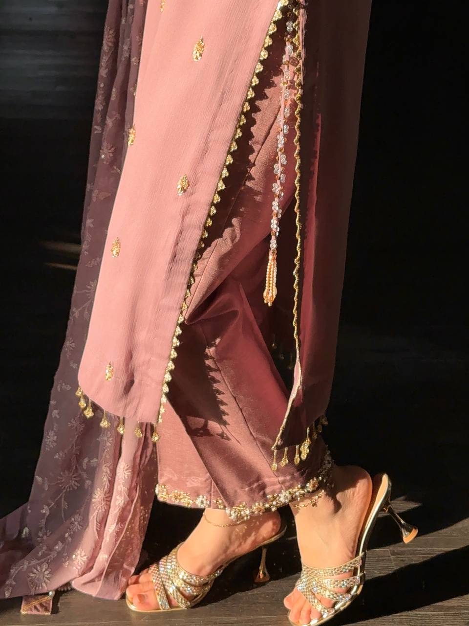 Embroidered Sequined Faux Georgette Top, Bottom, and Dupatta Set – Fully Stitched and Ready to Wear