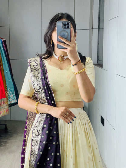 Exquisite Paithani Silk Lehenga Choli with Iconic Gold Zari Border and Satin Silk Dupatta