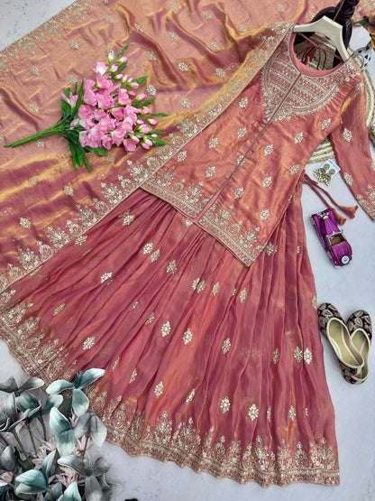 RangBhoomi Designer Party Wear Ensemble – Elegant Two Tone Fandy Silk Lehenga Set