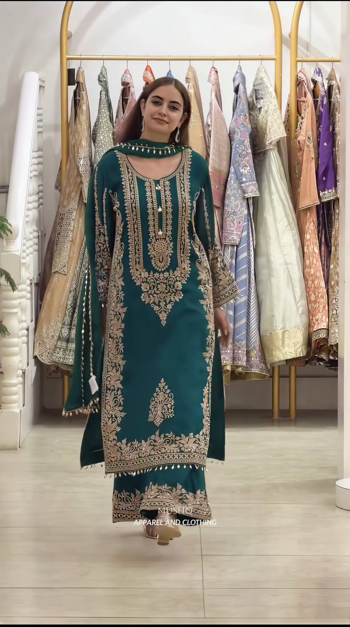 RangBhoomi Faux Georgette Heavy Embroidery Sequins Top-Bottom with Dupatta — Fully Stitched Set