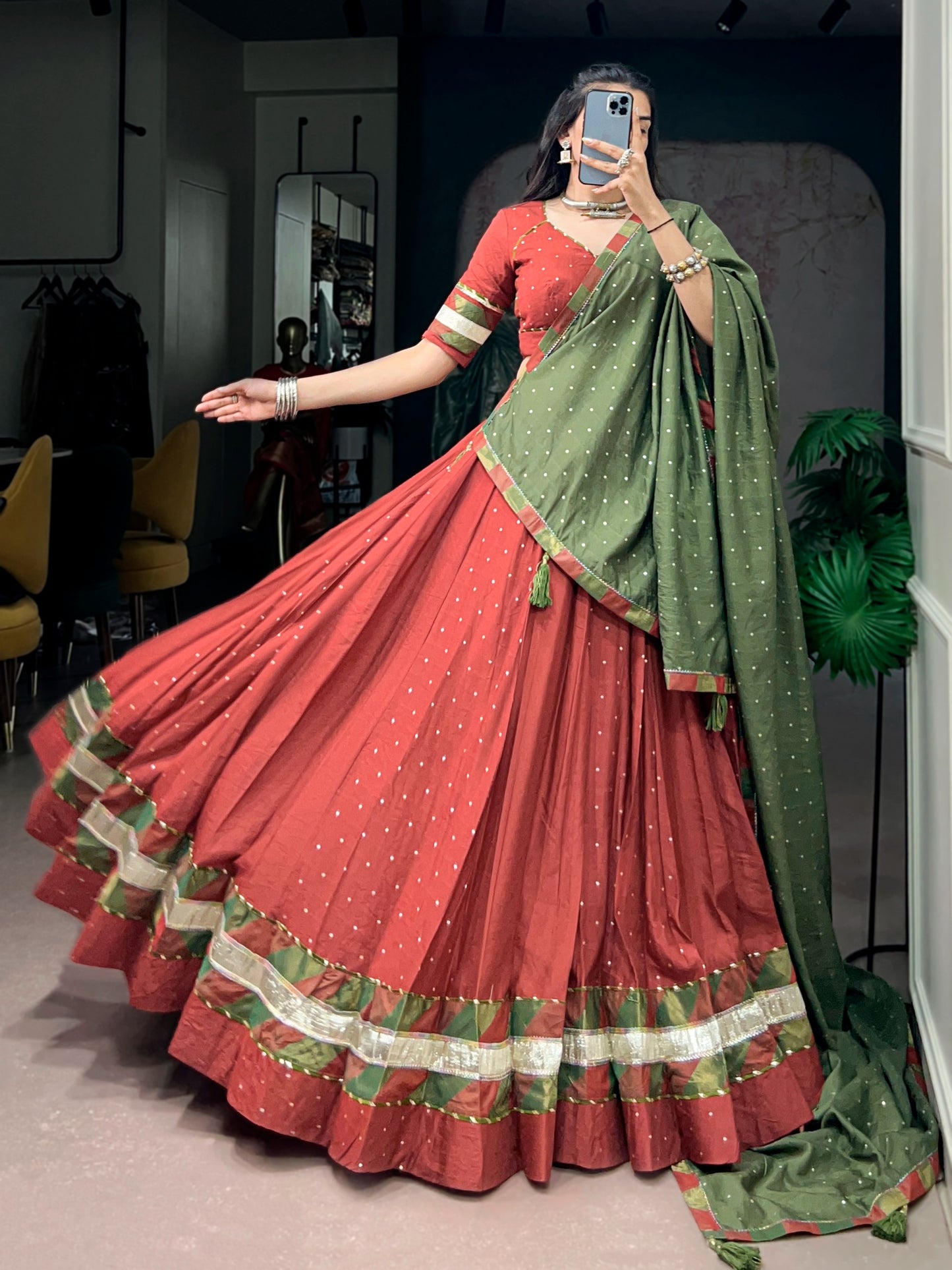 RangBhoomi Navratri Chanderi Lehenga Set — Zari Weave & Latkan Embellished