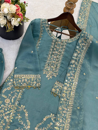Elegant Designer Ready-to-Wear GMY Silk Three-Piece Set with Heavy Embroidery, Sequins, and Lace Border – Fully Stitched Top, Palazzo, and Dupatta