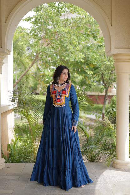 RangBhoomi Navratri Gown Collection 2026 — Wine, Rama & White Embroidered Mirror Work Gown