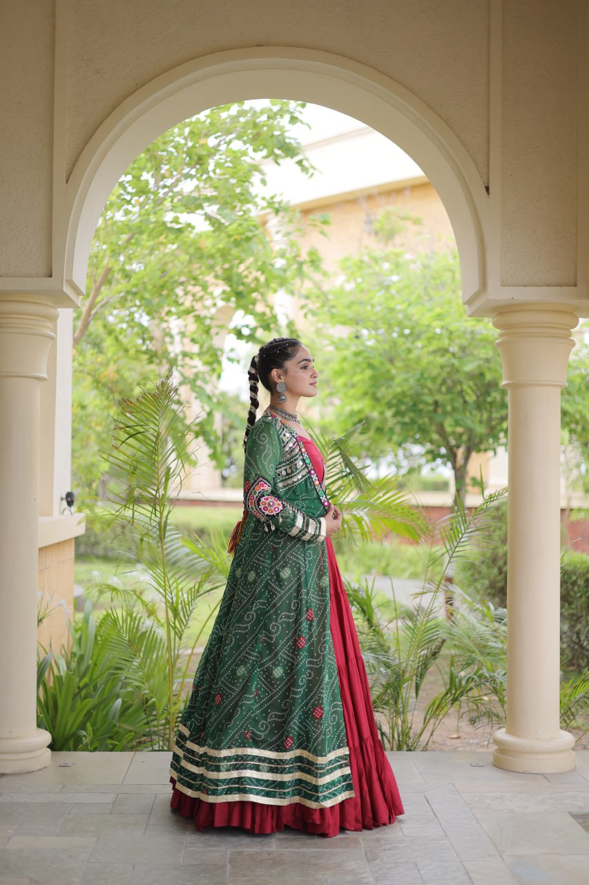 RangBhoomi Navratri 2026 Rayon Lehenga Set with Bandhani Shrug — Full-Stitched Festive Ensemble