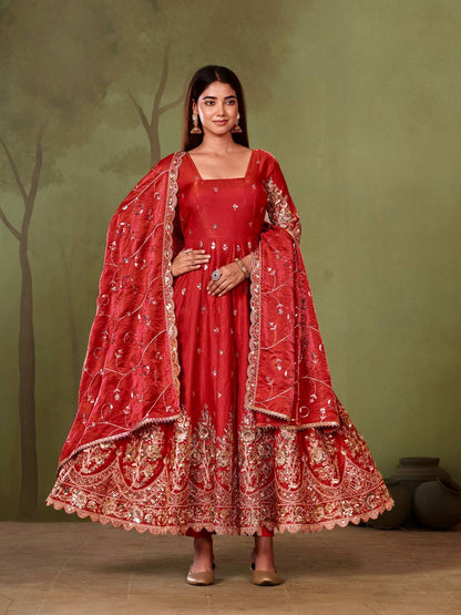 RangBhoomi Designer Party Wear Gown Set — 10 Colors, Heavy Jelly Shimmer Silk, Fully Stitched Embroidered Gown with Dupatta & Micro-Cotton Pant
