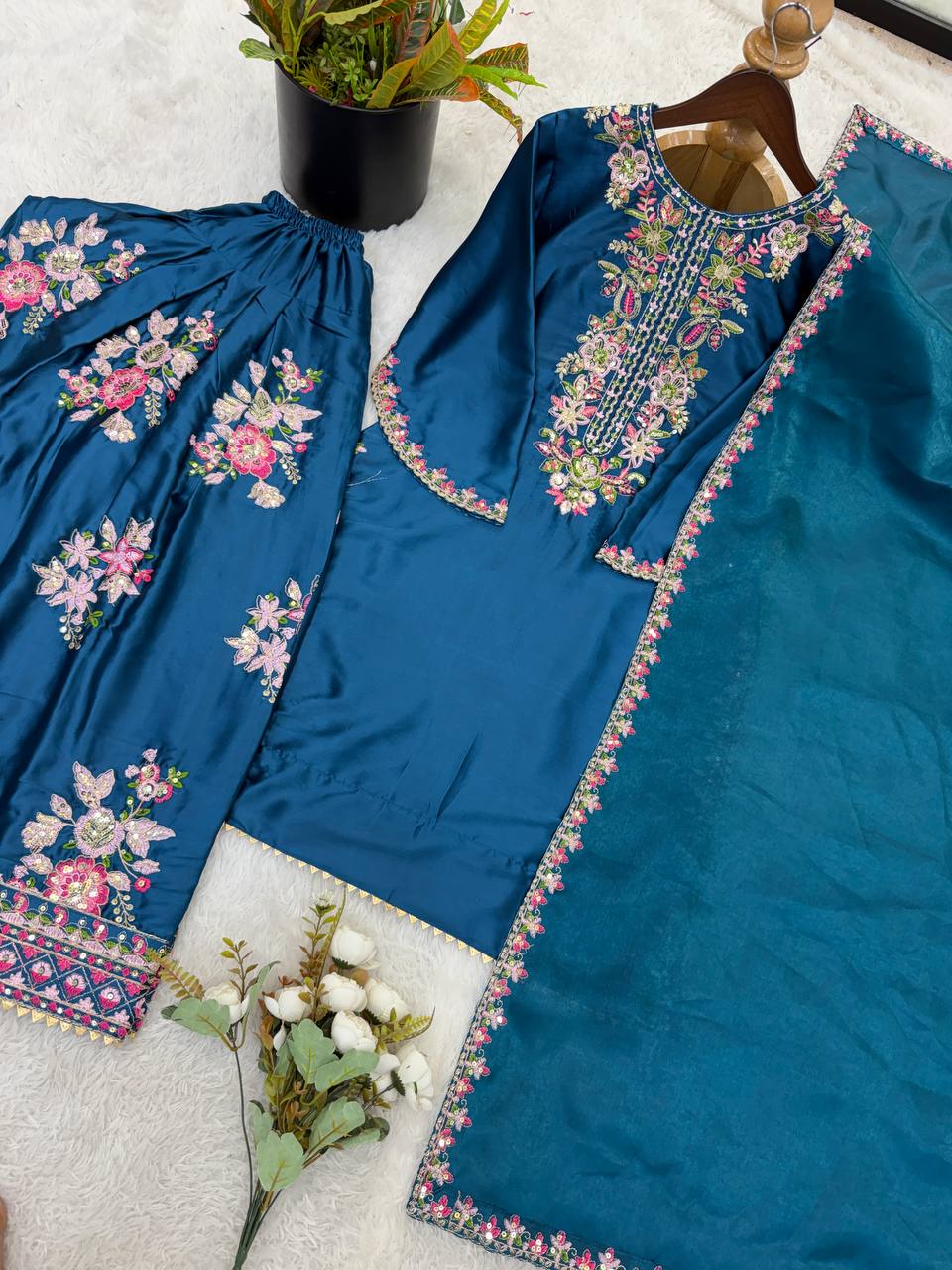 RangBhoomi Women's Premium Ethnic French Crepe Ensemble with Embroidered Thread Work, Full Sleeve Top, Farshi Pant, and GMY Silk Dupatta