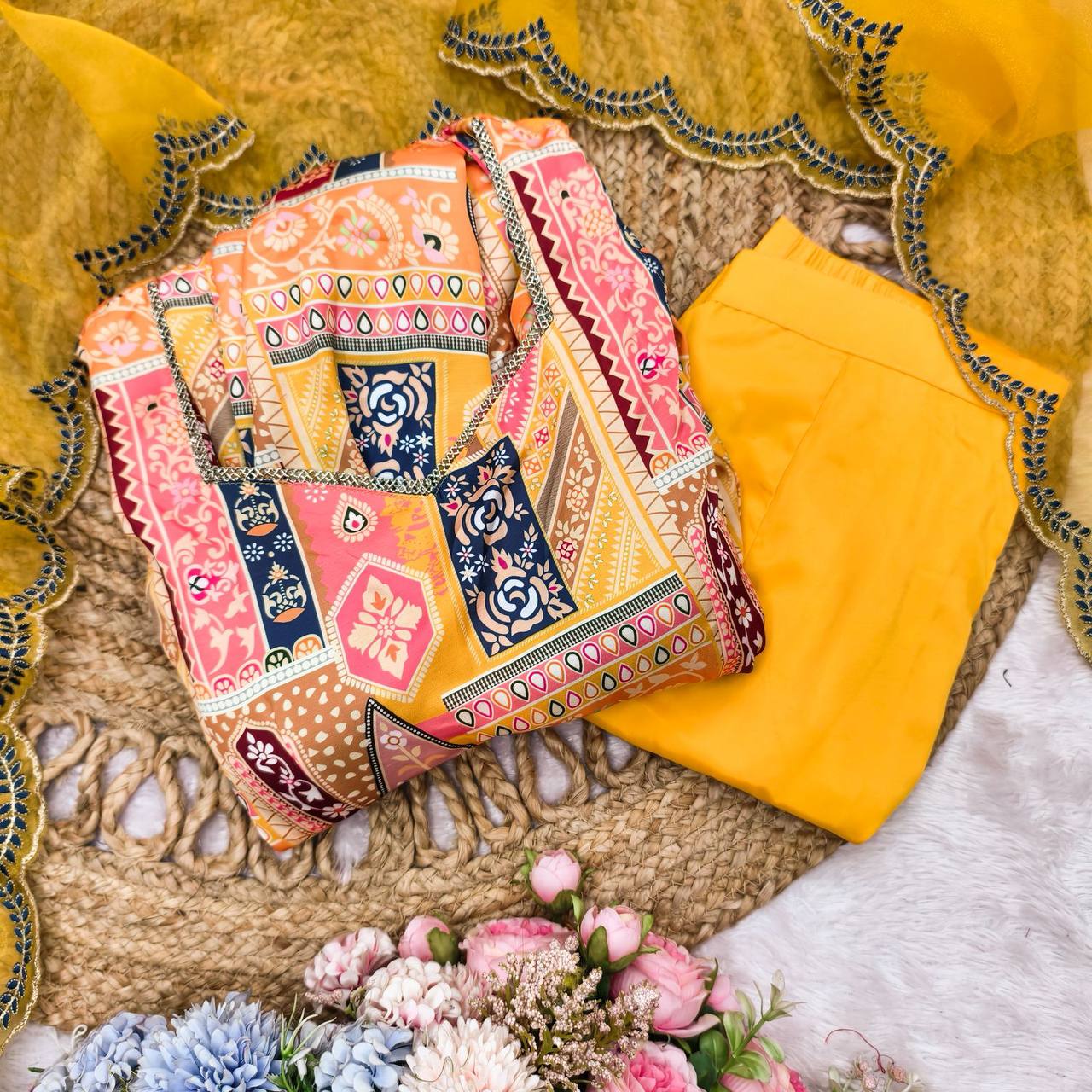 Back view of yellow Anarkali suit showing flared silhouette and dupatta detail.