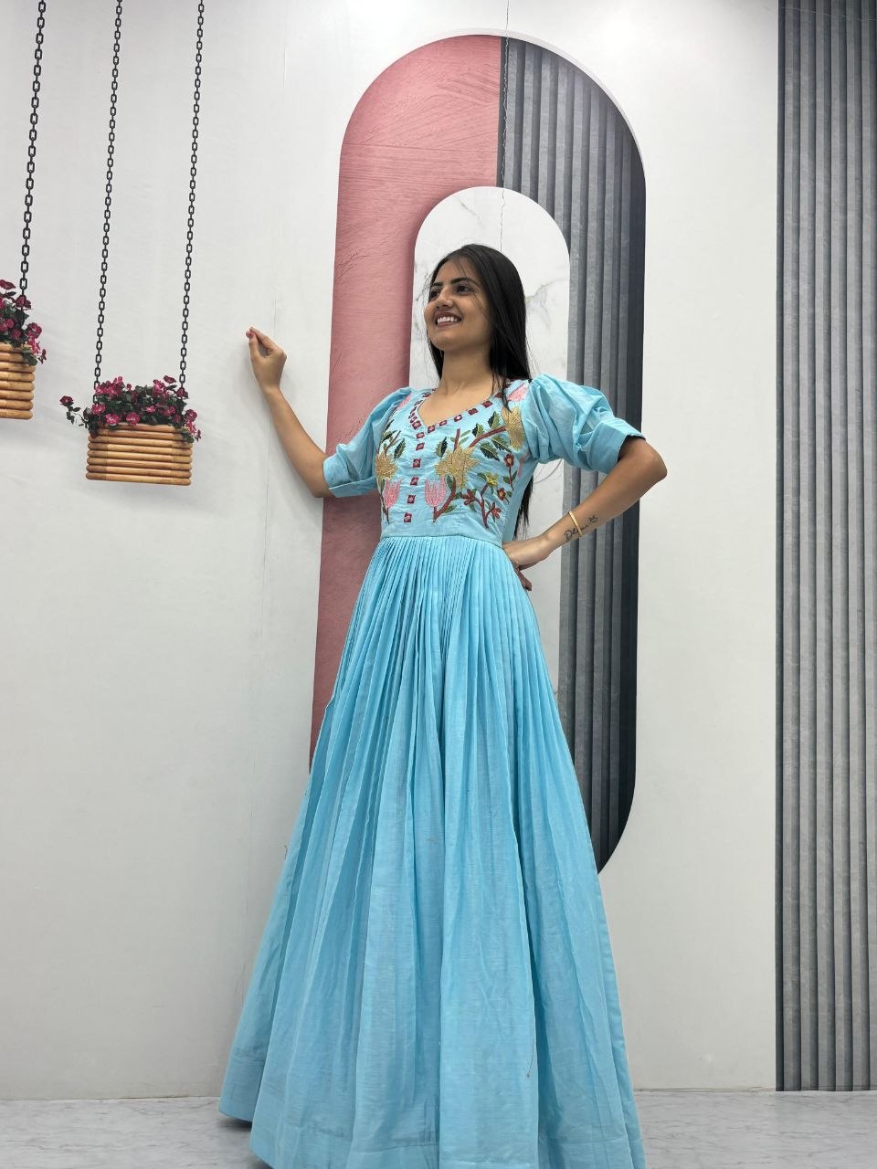RangBhoomi Exclusive Trending Hand-Embroidered Mal Cotton Gown with Mirror Work, Fully Stitched, Sizes M to 2XL