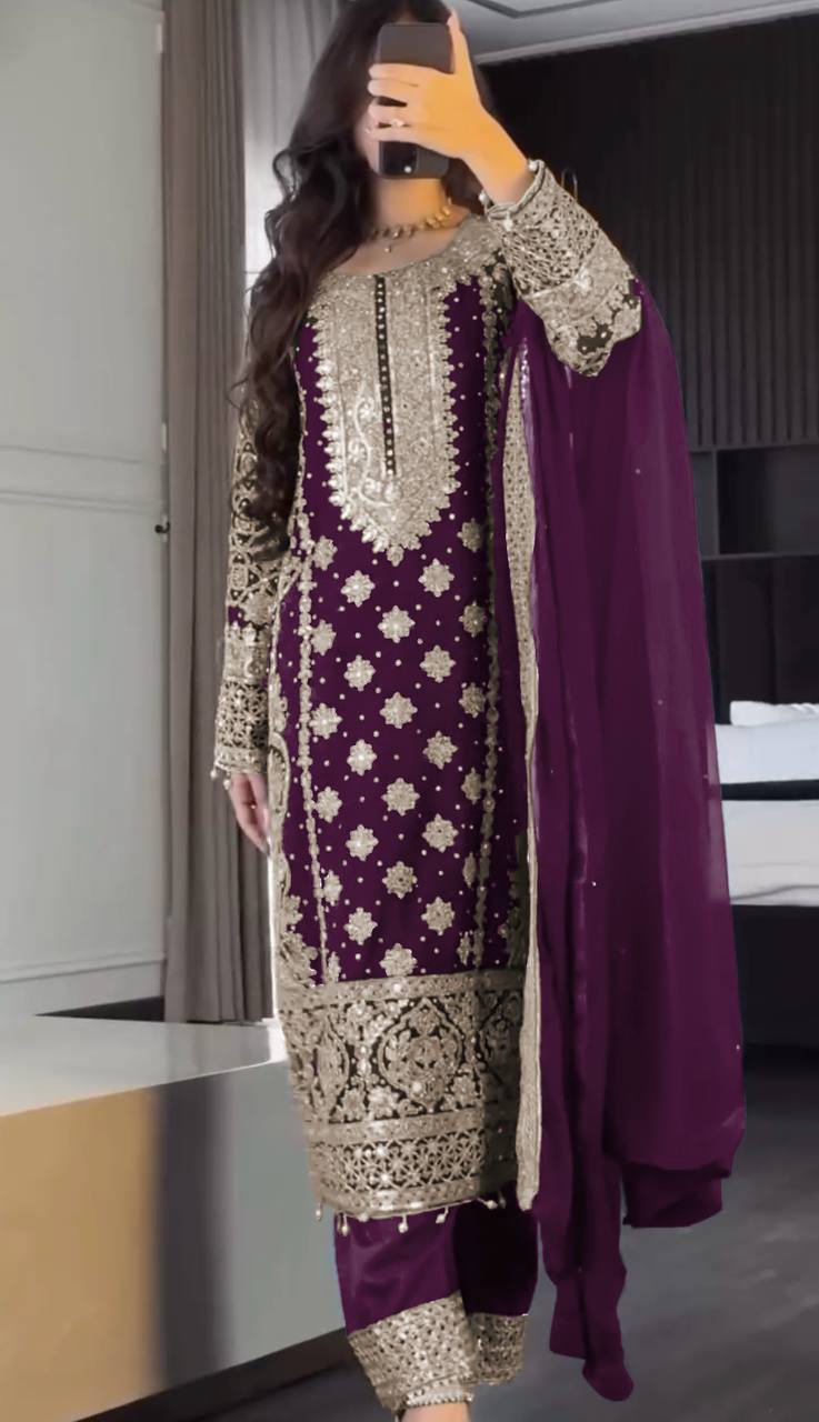 New Collection Faux Georgette Ensemble with Intricate Heavy Embroidery, Sequin Detailing, and Fully Stitched Ready-to-Wear Top, Bottom, and Dupatta Set