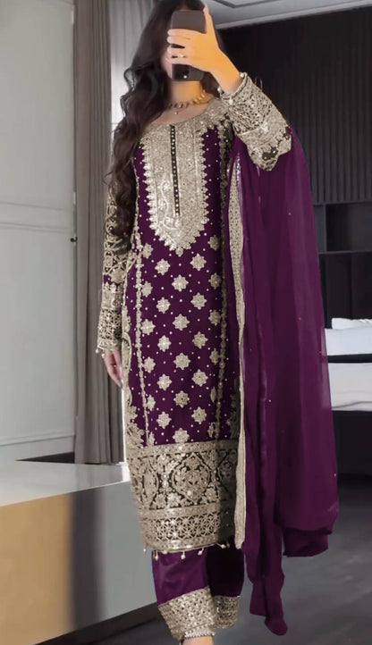 New Collection Faux Georgette Ensemble with Intricate Heavy Embroidery, Sequin Detailing, and Fully Stitched Ready-to-Wear Top, Bottom, and Dupatta Set