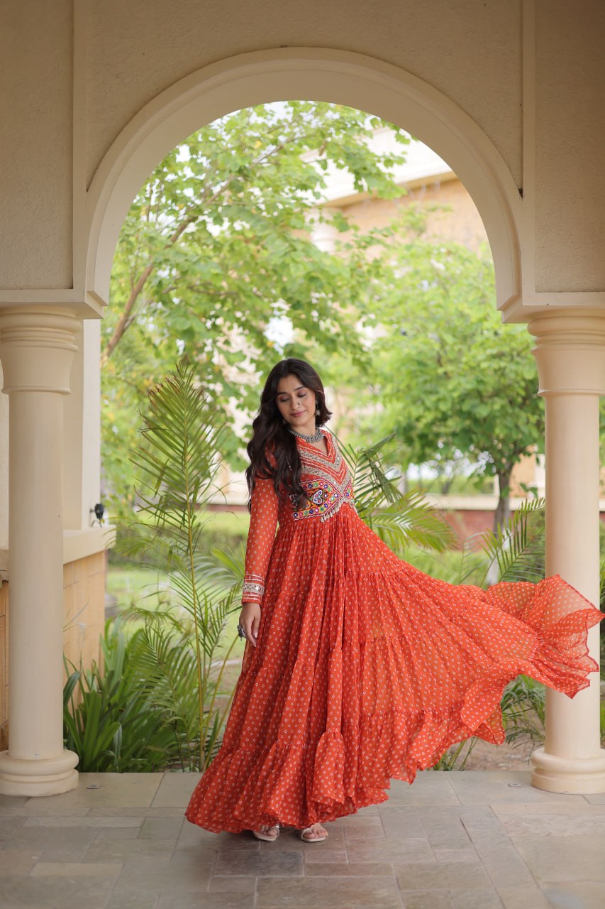 RangBhoomi Bandhani & Kutchi Patchwork Faux Georgette Gown — Navratri Special