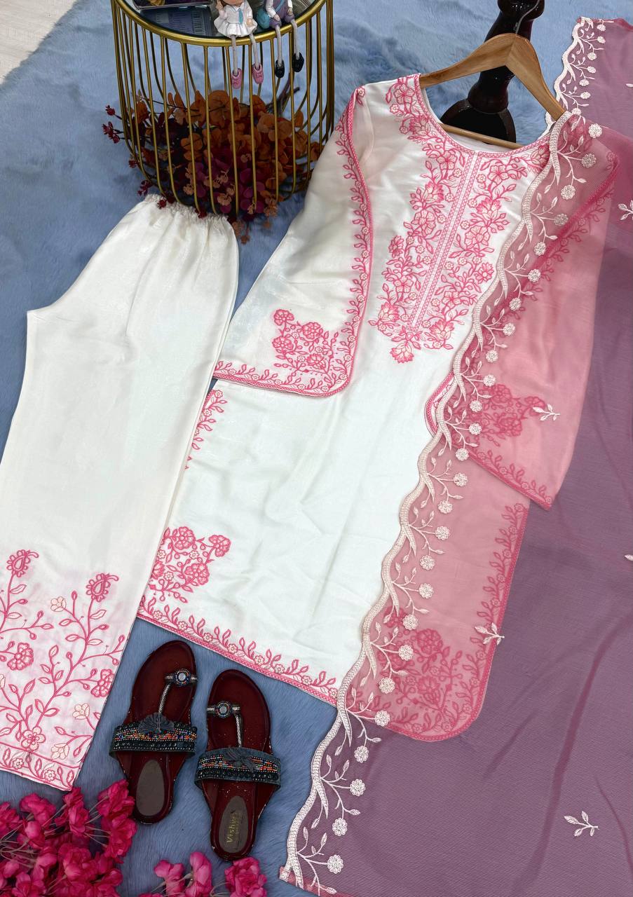 Elegant Party Wear Set Featuring Premium Roman Glass Embroidered Top with Fancy Bell Sleeves and Stylish Palazzo Pants with Dupatta