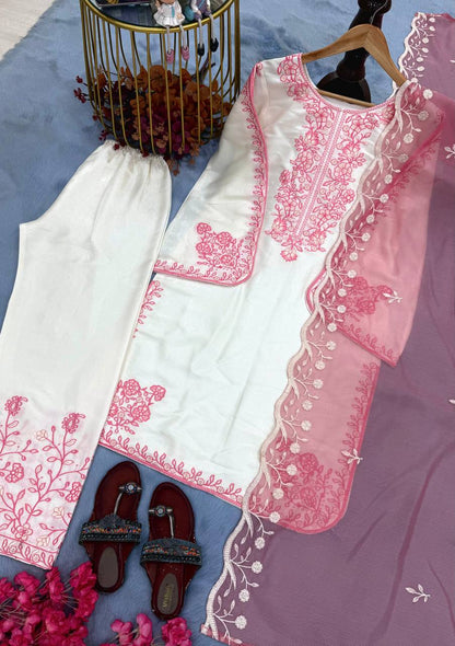 Elegant Party Wear Set Featuring Premium Roman Glass Embroidered Top with Fancy Bell Sleeves and Stylish Palazzo Pants with Dupatta