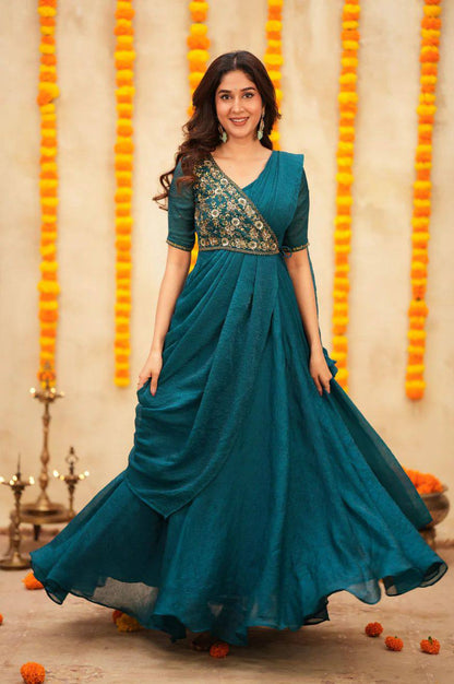 Elegant Aqua Meenakari pre-draped Saree-Anarkali with a flowing skirt for festive occasions.