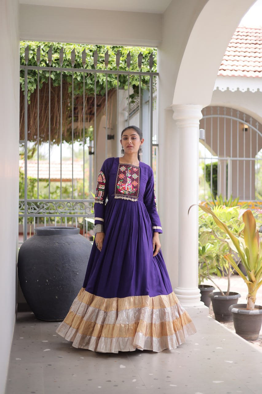 RangBhoomi Navratri Gown Collection 2026 — 14KG Rayon Kutchi Gamthi Thread Work, 12m Flair