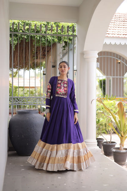 RangBhoomi Navratri Gown Collection 2026 — 14KG Rayon Kutchi Gamthi Thread Work, 12m Flair