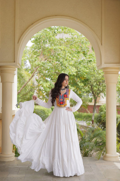 RangBhoomi Navratri Gown Collection 2026 — Wine, Rama & White Embroidered Mirror Work Gown