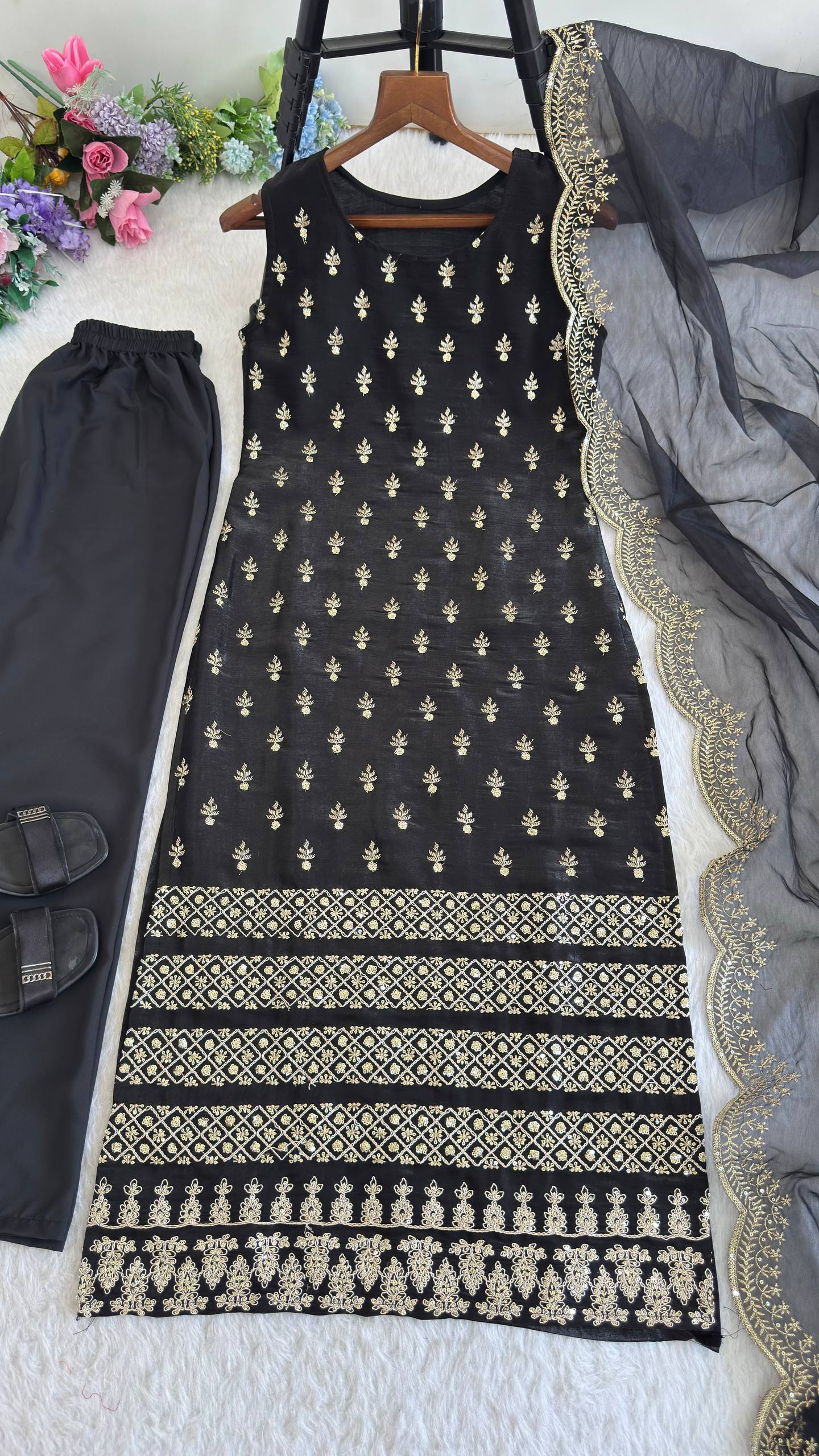 Roman Glass Satin Elegant Women's Suit Set with Golden Zari and Sequins Detailing