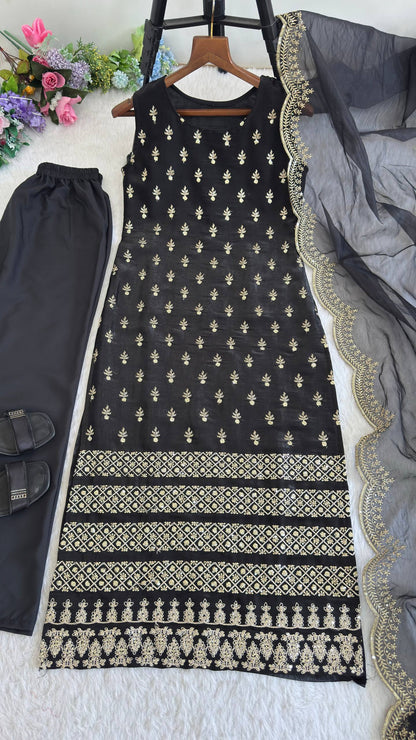 Roman Glass Satin Elegant Women's Suit Set with Golden Zari and Sequins Detailing