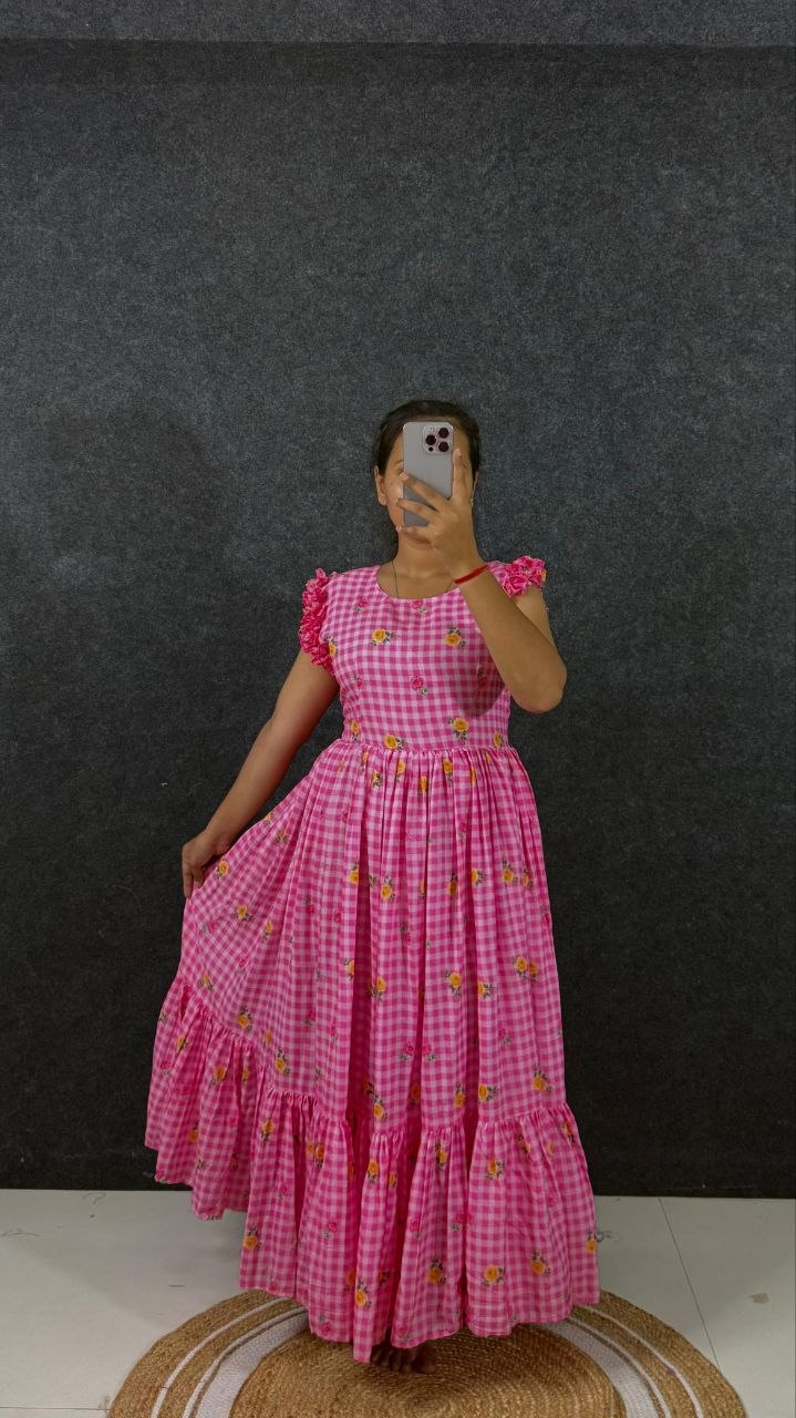 RangBhoomi Elegant New Cotton Sunflower Print Midi Dress with Realistic Modeling