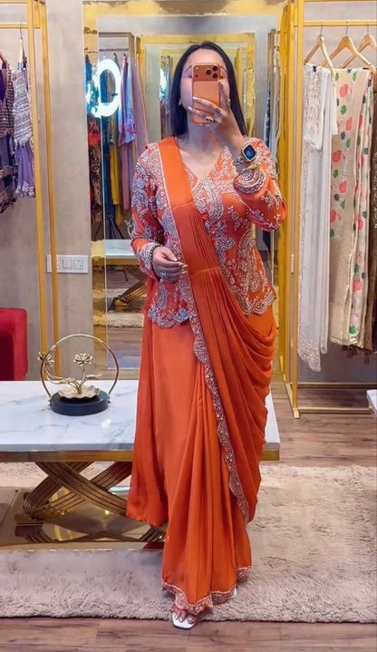 Elegant Ready-to-Wear Saree with Full Embroidered Sequined Jacket in Luxurious Heavy Chinon Fabric