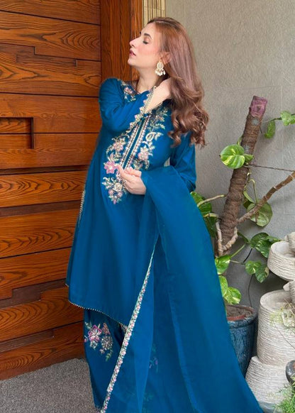 RangBhoomi Women's Premium Ethnic French Crepe Ensemble with Embroidered Thread Work, Full Sleeve Top, Farshi Pant, and GMY Silk Dupatta