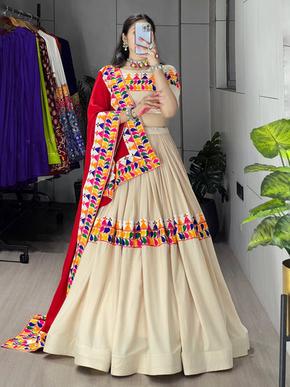 Exotic Vanilla-Toned Chaniya Choli with Multicolor Traditional Gamthi and Kutchchi Work