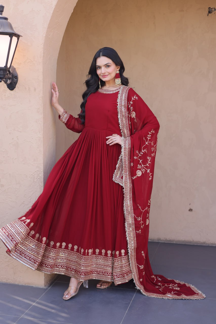 RangBhoomi Premium Maroon Embroidered Faux Blooming Ready‑Made Gown with Dupatta