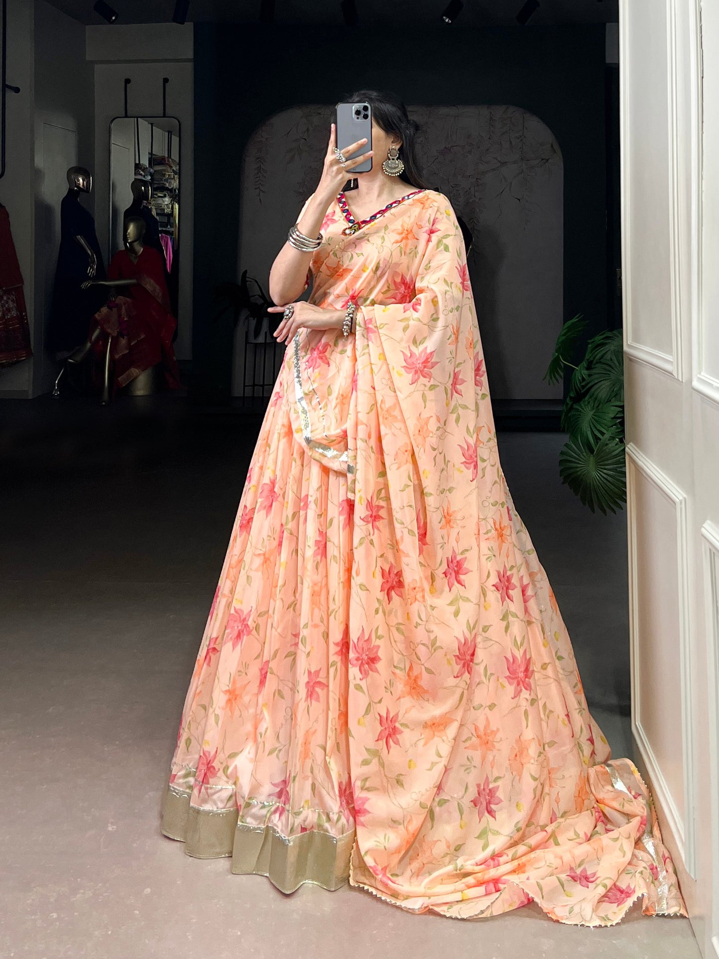 Celebrate Tradition Elegantly with a Floral Tabby Silk Lehenga Perfect for Festive Occasions
