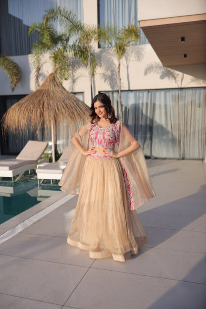 Elegant Sindur Silk Embroidered Lehenga Choli Set with Sleeveless Blouse and Matching Shrug